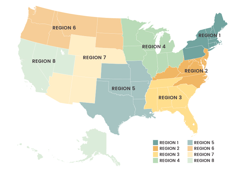 Map of the United States divided into eight color-coded regions labeled Region 1 to Region 8.