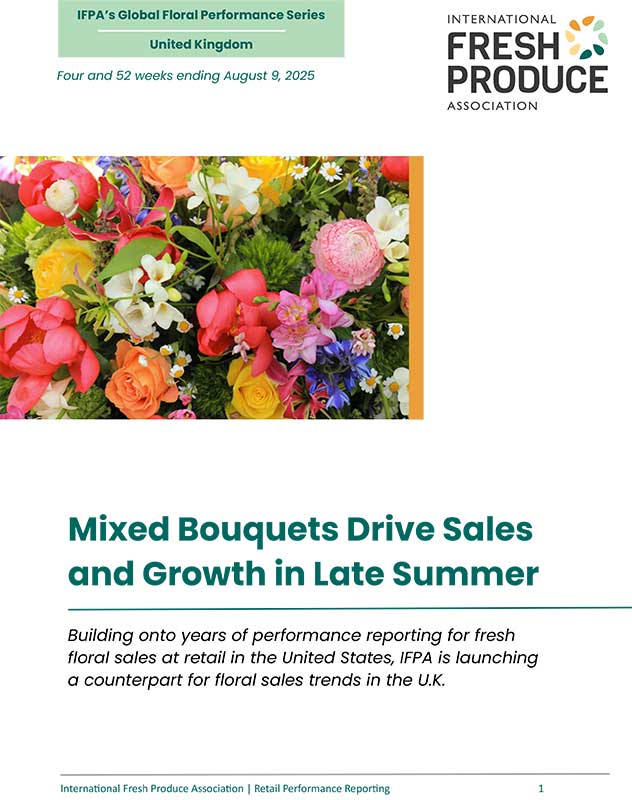 Report page featuring colorful flowers and text about floral sales trends in the U.K.