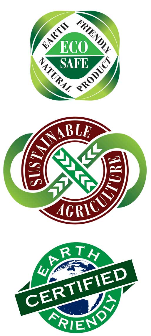 Three eco-friendly logos with nature-themed designs and text.  Top logo: "ECO SAFE EARTH FRIENDLY NATURAL PRODUCT" Middle logo: "SUSTAINABLE AGRICULTURE" Bottom logo: "EARTH FRIENDLY CERTIFIED"