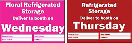 Four signage cards for GPFS floral refrigerated storage, two in pink for Wednesday deliveries, and two in red for Thursday deliveries