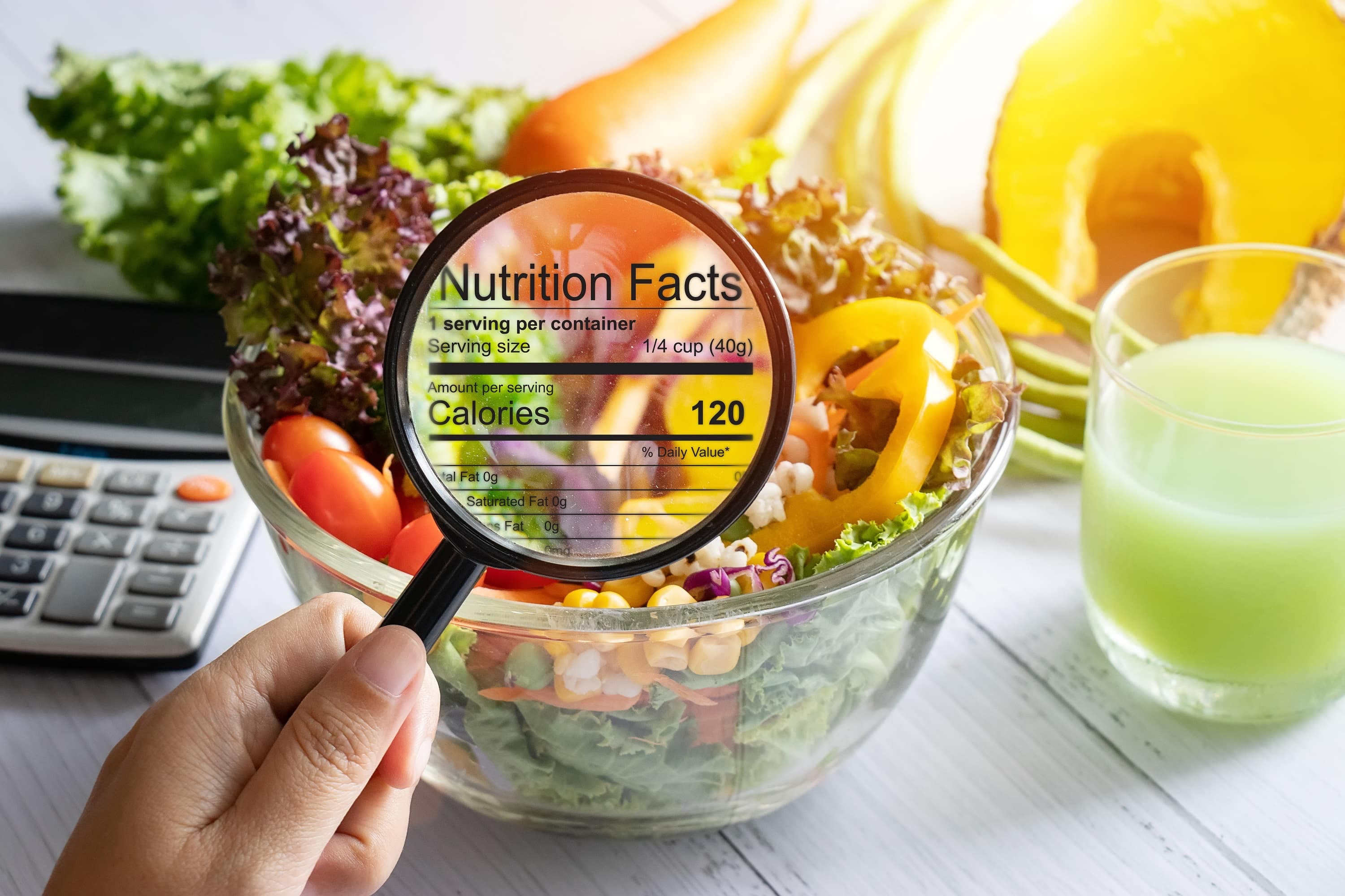 Magnifying glass reveals nutritional information for a  bowl of salad